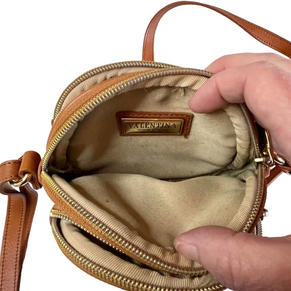Valentina Leather Triple Entry Crossbody Purse Bag Mad in Italy Camel Color - Picture 7 of 11